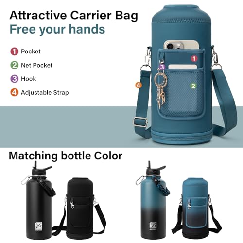 Insulated Water Bottle | Thickened Stainless Steel for Gym and Hiking with Straw, Carrier Bag, Handle Strap | BPA-Free 87 oz