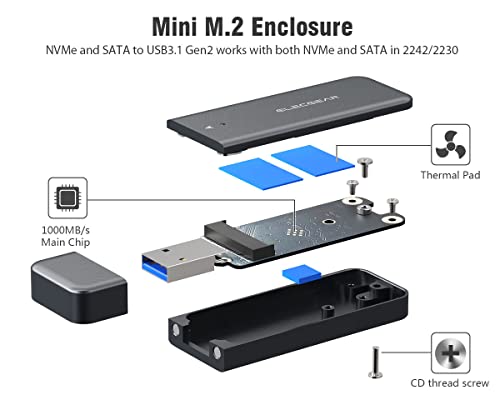 Image of ElecGear USB Mini Enclosure for 2230 /2242 NVMe and SATA M.2 SSD, Aluminum Housing Case with Magnet Cap, 10Gbps Flash Drive Internal Memory Stick Card Reader