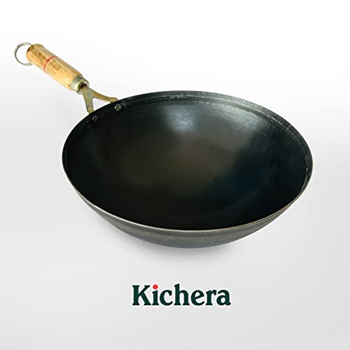 Image of Kichera 11 Inch Pre-Seasoned Iron Wok with Wooden Handle |Chinese Kadhai for Cooking & Deep Frying | Pure Iron Kadai Wok Fry Pan 29cm, 3.1Ltr, 1.2Kg| Gas Compatible | Round Base