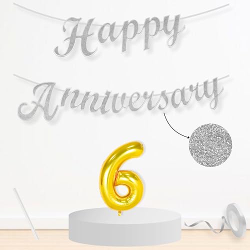 Image of Flyloons 6th Happy Anniversary Banner Silver Decorations Kit for Men Women Wedding Anniversary Banner Items without Balloons