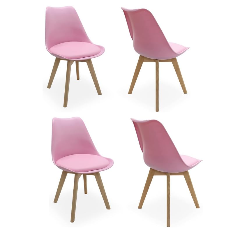 Single Set of 2/4/6 Retro Modern Dining Chairs – Lorenzo Plastic Chairs with Cushioned Pad Seat & Solid Beech Wooden Legs - Side Chair for Living Room Kitchen Office Lounge (Pink, Pack of 4)