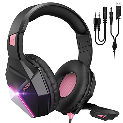Mpow EG10 Gaming Headset for PS4, PC, Xbox One,Switch -7.1 Surround Sound with Mic Noise Cancelling,Switchable LED Light Soft Earmuffs for Laptop Mac Nintendo Switch Pad MAC Game