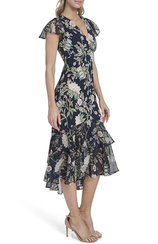 Image of Tommy Hilfiger Women's Flutter Sleeve V-Neck Ruffle Trim Hi-Lo Midi Dress
