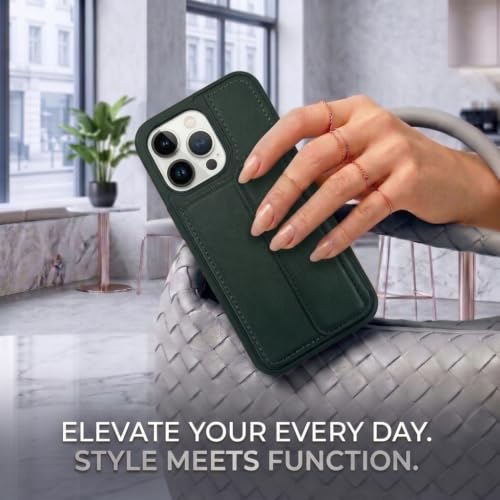 Image of amazon basics Luxury Vegan Leather Back Cover for iPhone 14 Pro | Built-in Card Holder Slot | Integrated Mobile Stand | Slim Shockproof Protective Case with Stitched Finish - Green