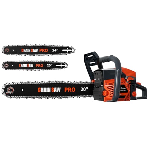 62cc Gas Chainsaw, 20 & 24 Inch Professional Chainsaw with 2-Cycle Engine & Anti-Vibration System, Quick Start Technology for Tree Cutting, Firewood, Logging (62CC 20in+24in)