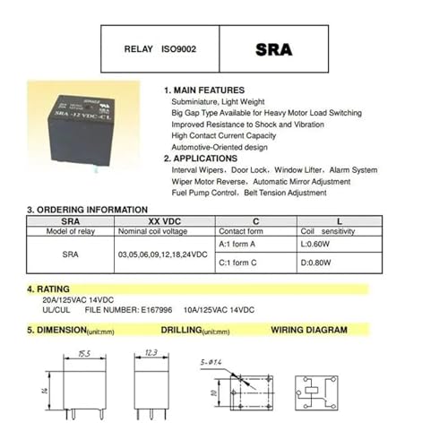 Relais 24V 20A haute performance SRA-24VDC-CL à 5 broches pour commutation de puissance