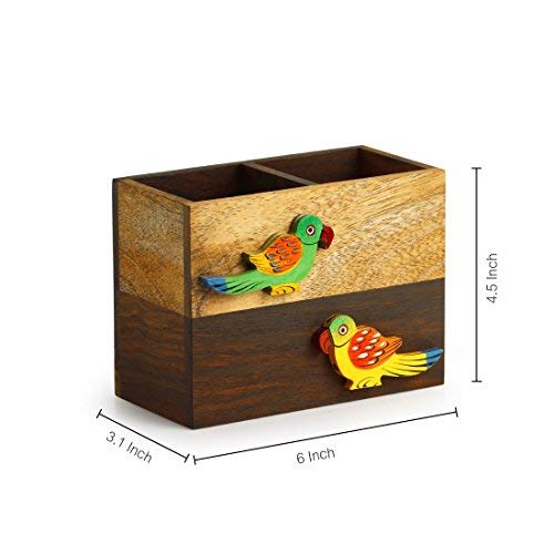 Image of ExclusiveLane 'Birds of A Feather' Cutlery Cum Napkin Holder in Sheesham & Mango Wood - Wooden Cultery Stand Holder Racks for Kitchen Storage & Containers Cutlery Sets Cutlery Holder