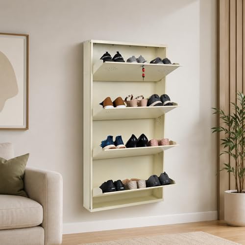 Image of 4 Door Wall Mounted Metal Shoe Rack Cabinet with Lock | Space Saving Shoe Storage Cabinet for Home, Entryway & Balcony | Dustproof Ventilated Shoe Organizer | Ivory | 52 x 26 x 6 Inch