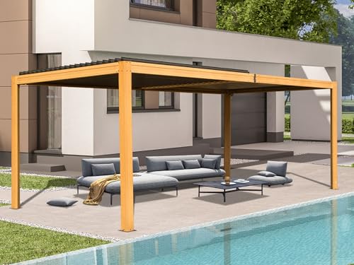 Domi Louvered Pergola 10X16FT Wood Grain Aluminum Pergola with Adjustable Roof Wood Looking Aluminum Frame Efficient Drainage System Outdoor Pergola for Patio Deck Garden