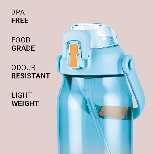 Image of MILTON Juwel 1000 Premium Crystal Clear Unbreakable Material Sipper Water Bottle|BPA Free|One-Touch Open|Leak-Proof|Sturdy Handle Cum Mobile Holder|Ideal for Office, School, Gym, 975ml, Turquoise Blue