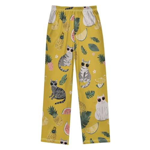 Tropical Cat Pineapple Boys Long Pants Soft Trousers Elastic Waist Kids Lounge Bottoms with Pockets S-XL2