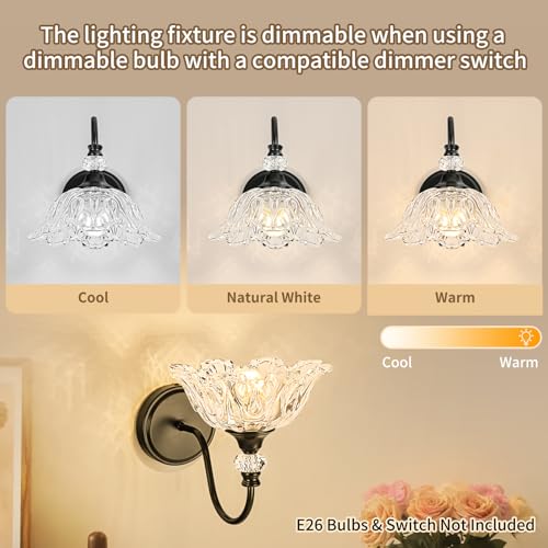 Image of 1 Piece Black Wall Sconce with Floral Clear Glass Shade, Black Farmhouse Wall Mount Lighting for Bathroom,Vintage Bathroom Vanity Light Fixture