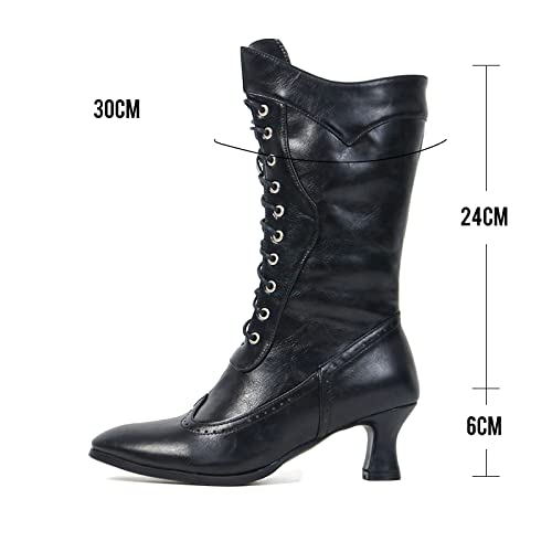 Meilusi Womens Victorian Lace Up Booties Mid Calf Boots Gothic Chunky Heel Witch Costume Boots Kitten Heel #TOP4