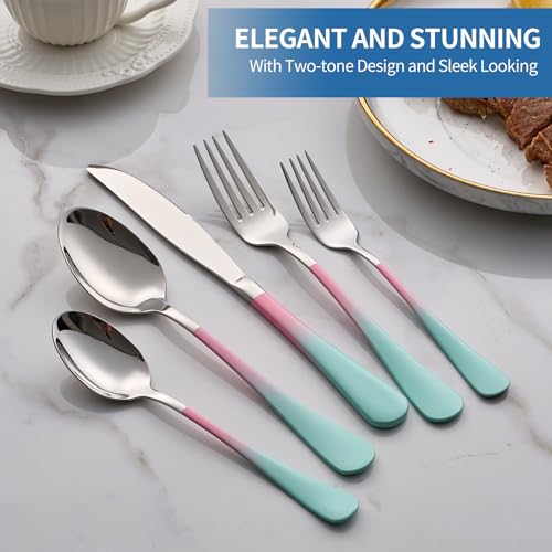20-Piece-pink-green-Silverware-Set180-Stainless-Steel-Colorful-Handle-Flatware-SetService-for-4Modern-Cutlery-Set-Includes-Dinner-Knives-Forks-Spoons-Mirror-PolishedDishwasher-Safe 20 Piece pink green Silverware Set180 Stainless Steel Colorful Handle Flatware SetService for 4Modern Cutlery Set Includes Dinner Knives Forks Spoons Mirror PolishedDishwasher Safe