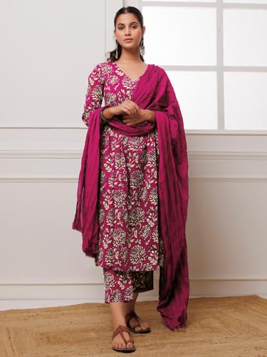 Image of GoSriKi Women's Cotton Blend Anarkali Printed Kurta with Pant & Dupatta