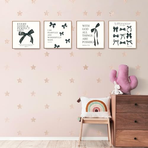Image of LARTSFRO Coquette Black Bow Bible Wall Art Decor Posters, Black Bow Room Bedroom Bathroom Dorm Wall Art Decor Aesthetic for Teen Girls Gifts, Inspirational Bible Verses Bow Wall Decor, 10x10 Inch Set of 4 Pcs Bow Pictures (UNFRAMED)