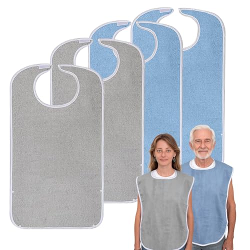 Lätzchen für Erwachsene, 4er Set in Grau & Hellblau, Wasserdicht & Waschbar, Großes Frottee Schutzlätzchen 76x46 cm mit Verstellbarem Verschluss, Wiederverwendbar für Senioren Pflege & Alltag