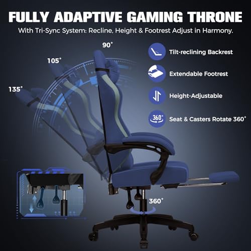 Image of GTPLAYER Gaming Chair, Ergonomic Computer Chair with Footrest and Lumbar Support, High Back Recliner Chair 350lbs, Height Adjustable for Home Office, Deep Blue