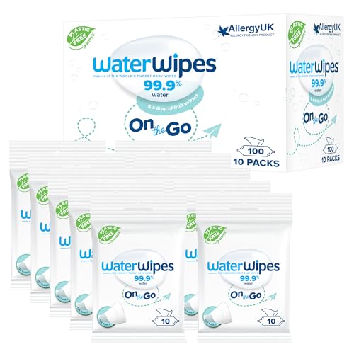 WaterWipes On The Go Wipes, 100 unidades (paquete de 10), 99,9% toallitas a base de agua para...