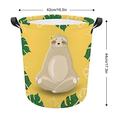 Sloth Meditates with Tropical Leaves Flowers on Yellow Collapsible Waterproof Laundry Hamper, Lightweight Washing Basket Bin Storage Organizer Bucket with Handles for Toys Clothes