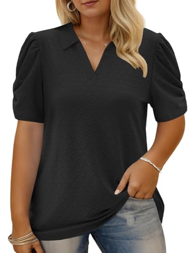 VISLILY Womens-Plus-Size-Summer-Tops Polo V Neck T Shirts Puff Short Sleeve Lapel Collared Work Blouses Eyelet Tunics XL-5XL