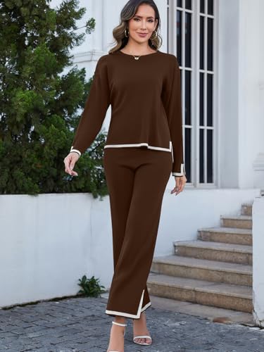 Womens 2 Piece Outfits Long Sleeve Knit Sweater Sets Knit Pullover Tops Wide Leg Pants Lounge Sets Tracksuits4