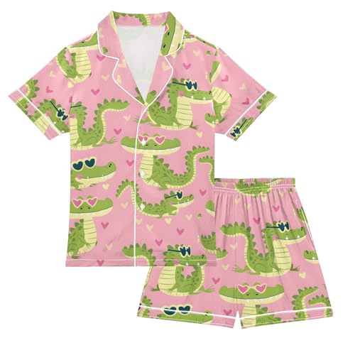 ALAZA Cartoon Crocodile Heart Stylish Pajamas Satin Pajama Set Short Sleeve Button Down Sleepwear