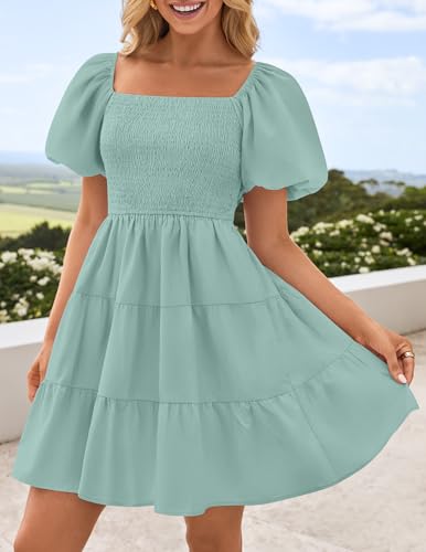 Image of ZESICA Women's Boho 2026 Summer Square Neck Puff Sleeve Off Shoulder Smocked Tiered Casual A Line Short Mini Dress