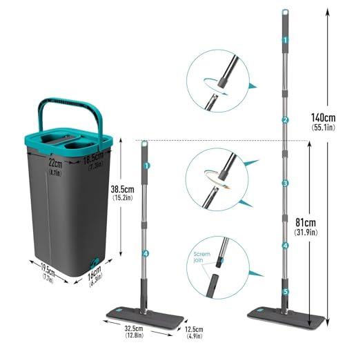 Wischmopp Set mit Eimer,Masthome Bodenwischer mit Auswringfunktion und 6 Mikrofaser Wischpads,2 In 1 Wischmop Set für Alle Hartböden, Grau+Blau – Bild 3