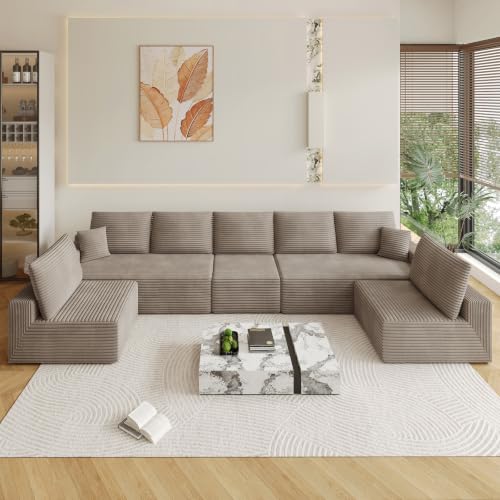 Image of Oversized Modular Sectional Sofa Couch, Large 7 Seater Corner Sofa Modern U Shaped Sectional Couch Cloud Couches for Living Room, Office, Spacious Space, Corduroy, No Assembly Required, Camel