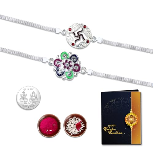 Image of Oblivion Floral and Swastik Chain Rakhi Set of 2 for Brother with Silver Colour Pooja Coin, Tilak Set and Greeting Card for Raksha Bandhan