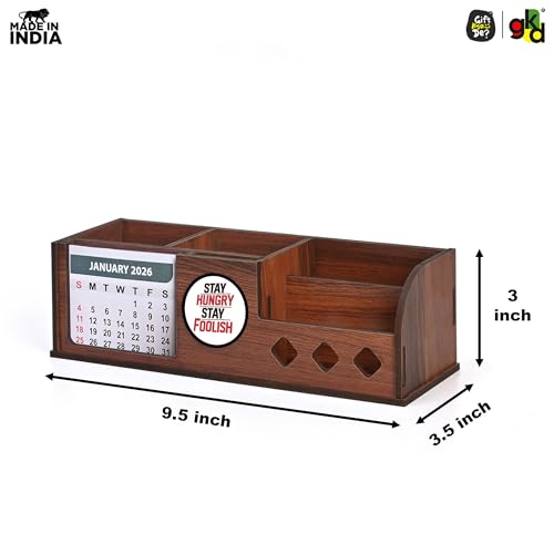 Image of GKD Wooden Motivational Quote Desk Calendar 2026 with Clock & Desk Organizer | Premium Engineered Wood Table Calendar for Office & Home Decor | Corporate Gift | Made in India