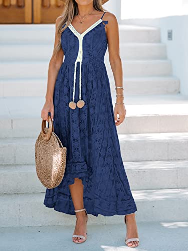Image of CUPSHE Womens Lace Summer Maxi Dresses 2026 Beach Wear | V Neck Spaghetti Straps Sundress, Tassel, Boho Pom Poms, Flowy Vacation Outfits, Resort Wear, Graduation Wedding Guest Looks