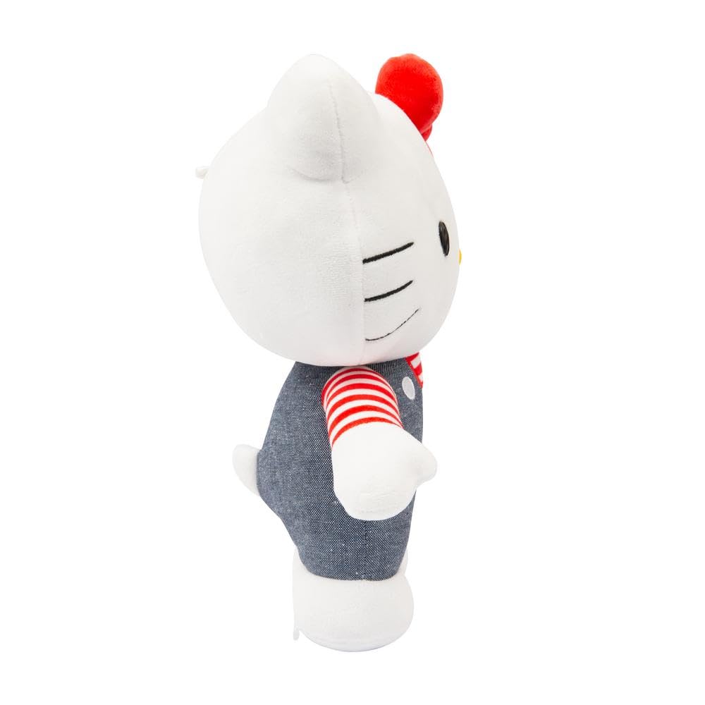 Hello Kitty Peluche 30 cm con Outfit Moda, Tutina Jeans, Fiocco Rosso, Maglia A Righe, per Bambini dai 3 Anni - Giochi Preziosi
