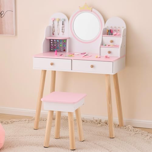 LALAHO Coiffeuse pour Enfants，Coiffeuse Fille avec Tabouret，4 Tiroirs en Bois, Crochets à Bijoux，pour Les 4-9 Ans (Blanc & Rose)