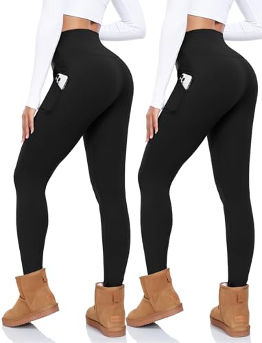 CTHH 2 Pack Fleece Lined Leggings Women with Pockets - High Waisted Soft Winter Thermal Warm Tummy Control Yoga Pants (Black,Black,XX-Large-3X-Large)