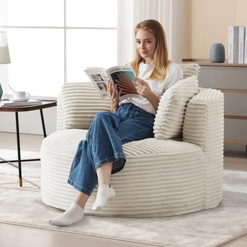 Image of Antetek 48.8-inch Round Chair, Modern Accent Corduroy Comfy Deep Seat Boneless Foam Floor Single Circle Chaise Sofa Chair with 3 Pillows for Living Room Bedroom Office, No Assembly Required, White