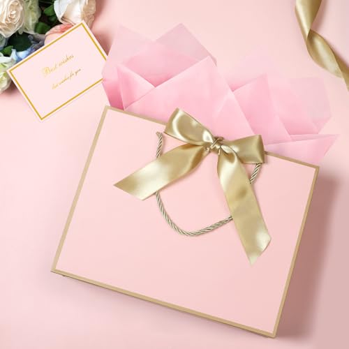 Image of JMANNI Pink Gift Bags with Handles, 13 inch Medium Gift Bag for Presents, 2 Pcs Bags with 4 Tissue Paper and 2 Cards for Baby Shower Wedding Bridal Shower Mother's Day Birthday Party (Pink-gold)