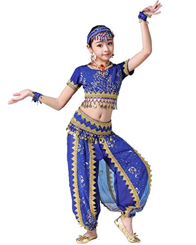 Bollywood girl bharatanatyam folk tribal indian kids dance dress blue/pink arabian belly costume (Blue, US Children 5-8)