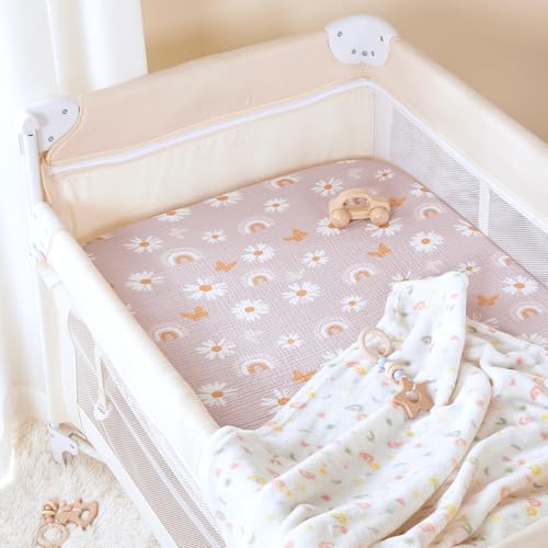 Image of TILLYOU Muslin Mini Crib Sheets 2 Pack, Pack and Play Mattress Sheets Fitted for Pack N Play, 38 x 26 Sheet for Toddler, Pink Butterfly