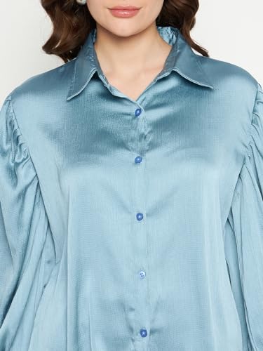 Image of Fashfun Women's Shirt Solid Blue Satin Collared Neck Puff Sleeve Shirt