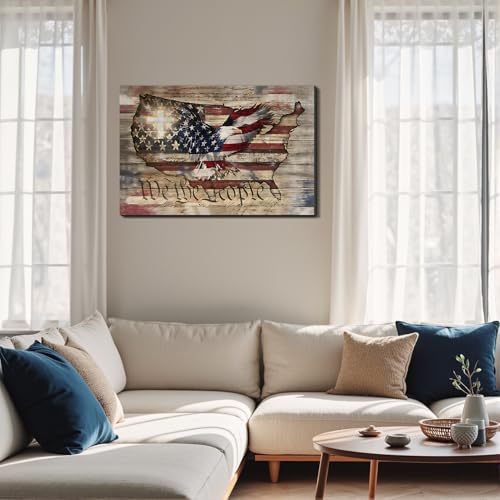 Image of Framed We The People Bald Eagle USA Map Wall Art, Patriotic American Flag Canvas Art Pictures, Patriotic Wall Decor for Office Living Room Man Cave, Ready to Hang Made in USA