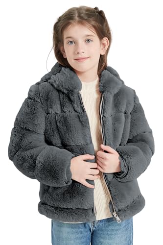 Image of Giolshon Girls Faux Fur Fleece Jacket Sherpa Fuzzy Hoodie Winter Coat with Full Zip Fluffy Outerwear 2169