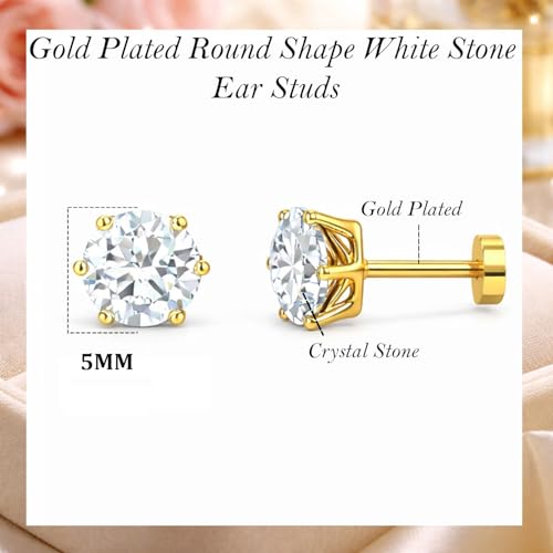 Image of VAMA FASHIONS 5mm 18K Gold Plated Anti Tarnish White Stone Round Shape Piercing Cartilage Ear Studs Lightweight Hypoallergenic Stud Earrings for Men & Boys