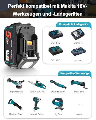 2X Waitley 5500mAh 18V akku für Makita BL1850 BL1860B BL1840 BL1830 BL1820B BL1815 – Kompatibel mit Makita 18V Elektrowerkzeugen