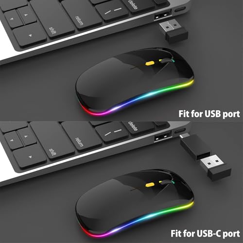 Image of LED Wireless Mouse, Slim Silent Mouse 2.4G Portable Mobile Optical Office Mouse with USB & Type-c Receiver, 3 Adjustable DPI Levels for Notebook, PC, Laptop, Computer (Bright Black)