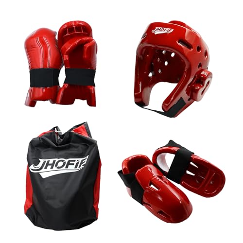 JHOFIF Martial Arts Karate Protective Sparring Gear Package Deal/Gift Adjustable Adult & Youth Headgear, UZJ Gloves & Kicks for MMA, Taekwondo, Boxing Training (Red, Medium)