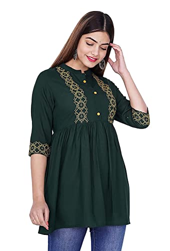 Image of Shiva Fab Short Kurti for Women | Embroidered Straight Rayon Kurta | Round Neck Full Sleeves Short Kurti for Women's