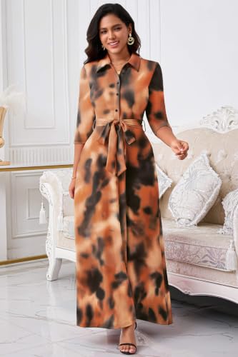Image of Runwind Women Church Maxi Dresses 3 /4 Sleeve Button Down Print Casual Office Dress African