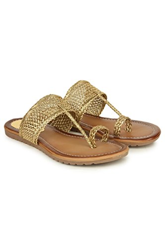 Image of Shoetopia Women's Kolhapuri Flats - Handwoven Bunai Sandals with Toe Loop | Ethnic Slip-On Chappals for Casual Festive